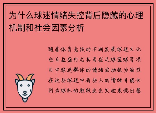 为什么球迷情绪失控背后隐藏的心理机制和社会因素分析
