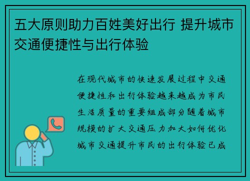 五大原则助力百姓美好出行 提升城市交通便捷性与出行体验